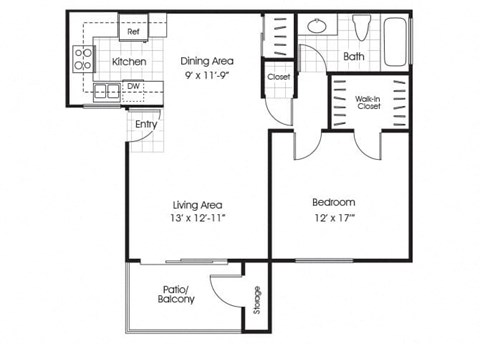 One bedroom one bathroom floor plan image at Belmont